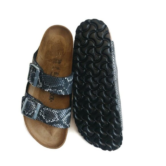 Birkenstock Arizona Sandals Mens 5 - 5.5 Womens 7 - 7.5 Black Python Narrow Cork - Picture 8 of 9